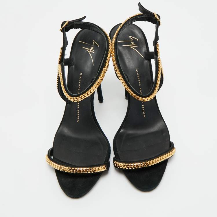 Pre Owned Giuseppe Zanotti Black Suede Coline Chain Link Ankle Strap Sandals Size 38