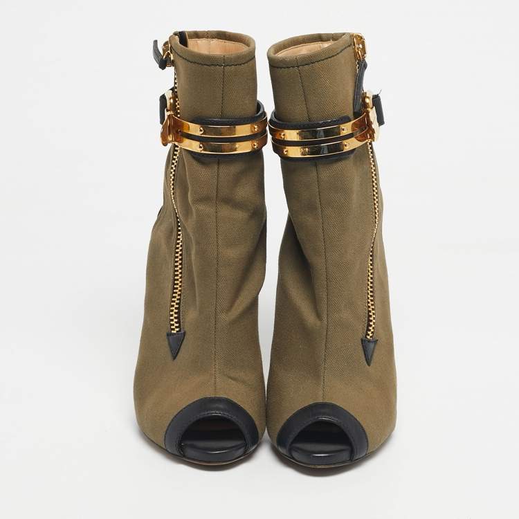 Pre Owned Giuseppe Zanotti Green  Canvas Roxie Peep Toe Cut Out Ankle Boots  Size 38.5