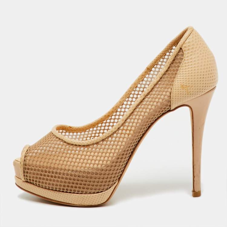 Pre Owned Giuseppe Zanotti Beige Mesh and Lizard Embossed Leather Peep Toe Platform Pumps Size 36