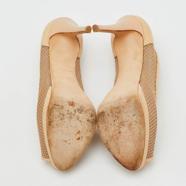 Pre Owned Giuseppe Zanotti Beige Mesh and Lizard Embossed Leather Peep Toe Platform Pumps Size 36