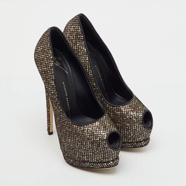 Pre Owned Giuseppe Zanotti Gold/Black Glitter and Mesh Sharon Platform Peep Toe Pumps Size 37.5