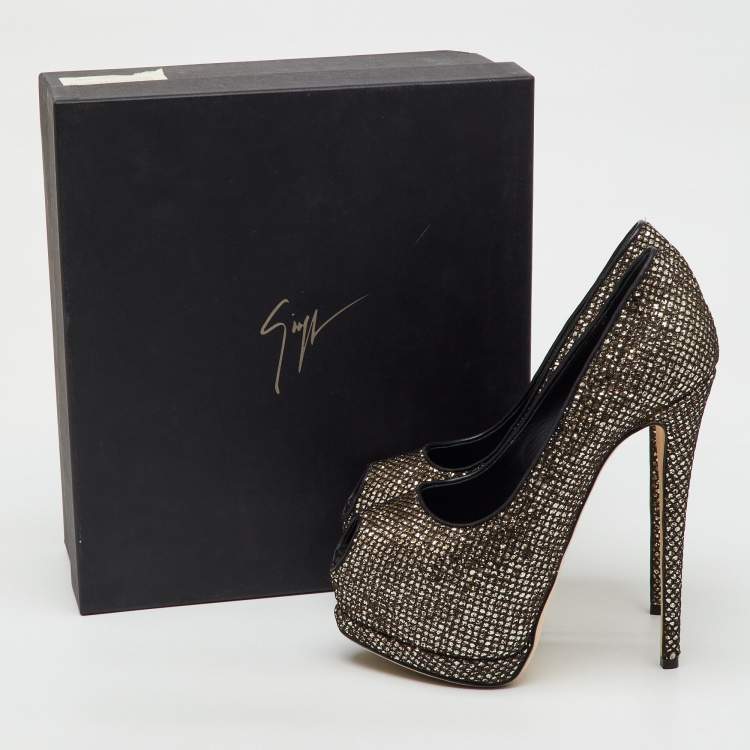 Pre Owned Giuseppe Zanotti Gold/Black Glitter and Mesh Sharon Platform Peep Toe Pumps Size 37.5