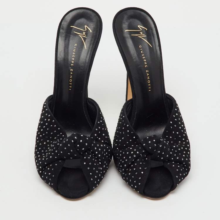 Pre Owned Giuseppe Zanotti Black Suede Crystal Embellished Slide Sandals Size 38
