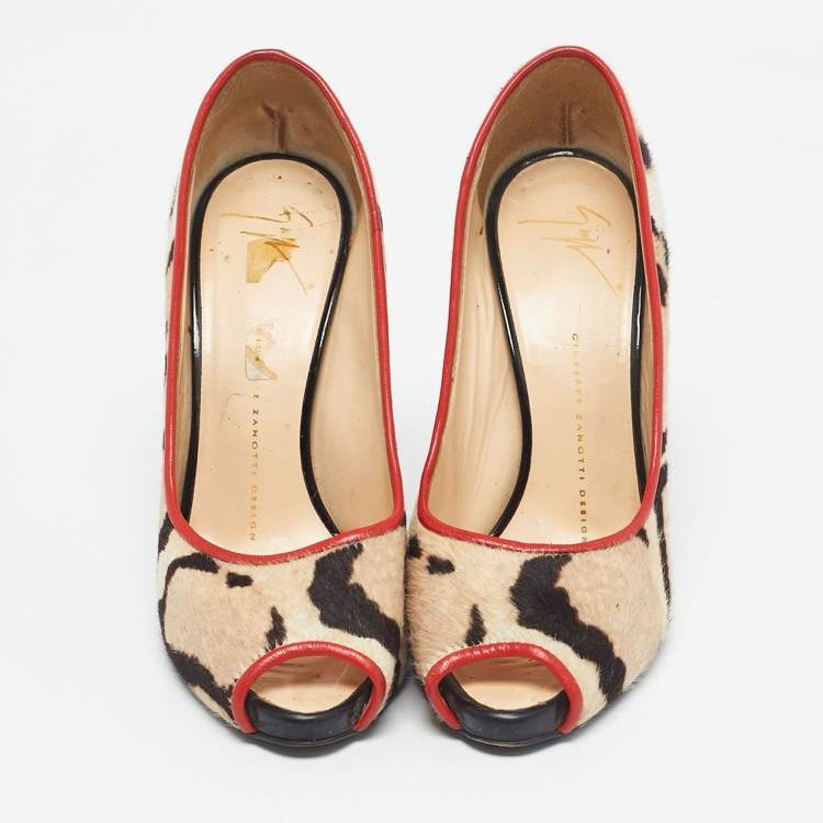 Pre Owned Giuseppe Zanotti Multicolor Leopard Print Calf Hair Peep Toe Pumps Size 38