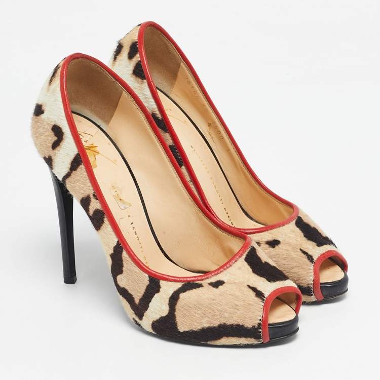Pre Owned Giuseppe Zanotti Multicolor Leopard Print Calf Hair Peep Toe Pumps Size 38