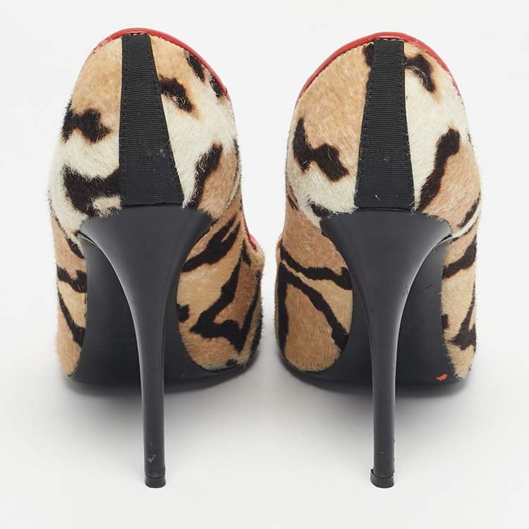 Pre Owned Giuseppe Zanotti Multicolor Leopard Print Calf Hair Peep Toe Pumps Size 38