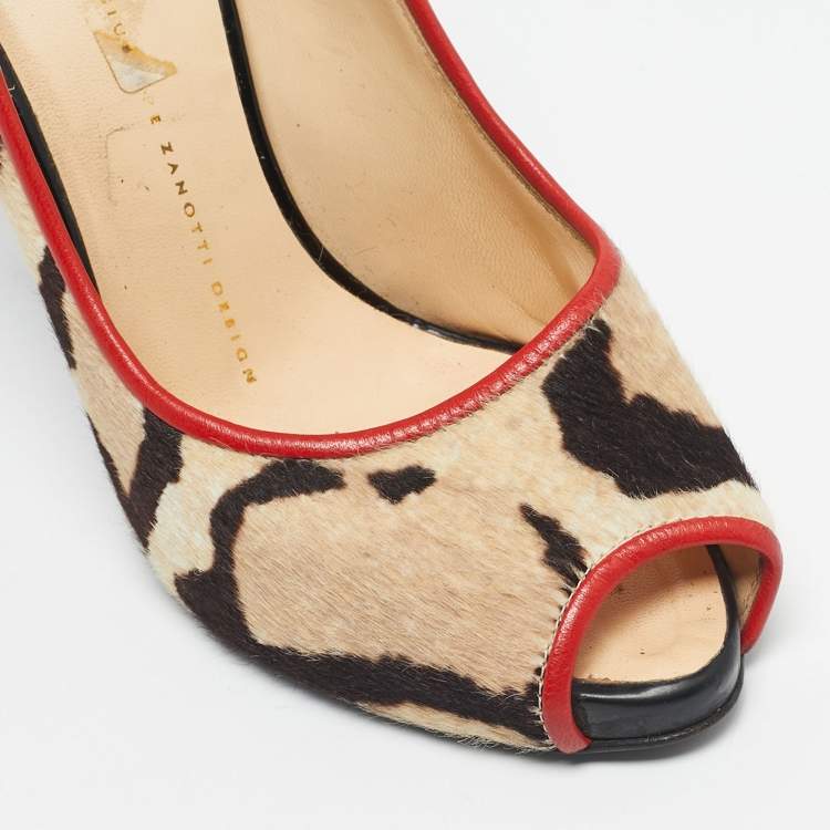 Pre Owned Giuseppe Zanotti Multicolor Leopard Print Calf Hair Peep Toe Pumps Size 38