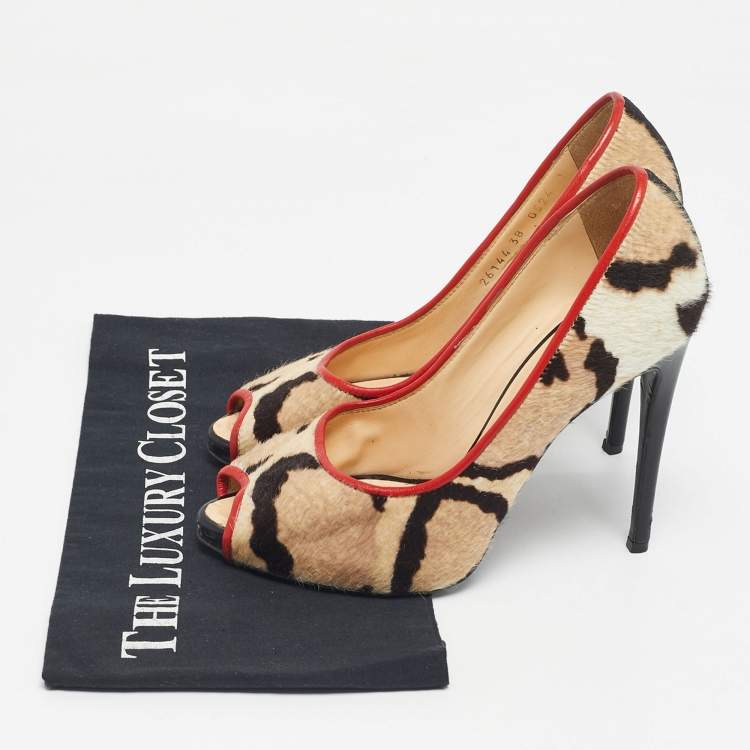 Pre Owned Giuseppe Zanotti Multicolor Leopard Print Calf Hair Peep Toe Pumps Size 38