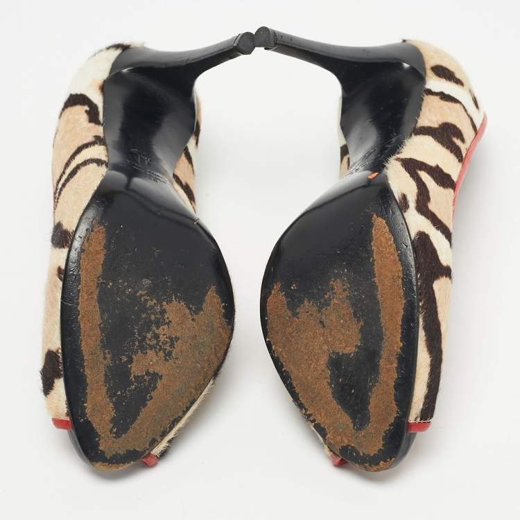 Pre Owned Giuseppe Zanotti Multicolor Leopard Print Calf Hair Peep Toe Pumps Size 38