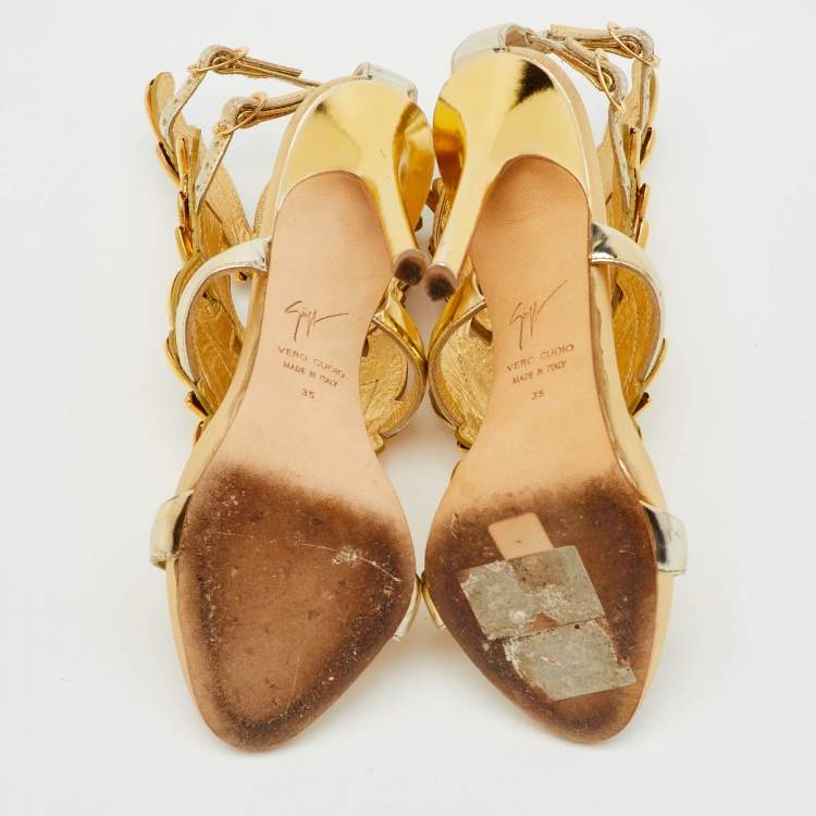 Pre Owned Giuseppe Zanotti Gold Metalic Leather Cruel Ankle Strap Sandals Size 35