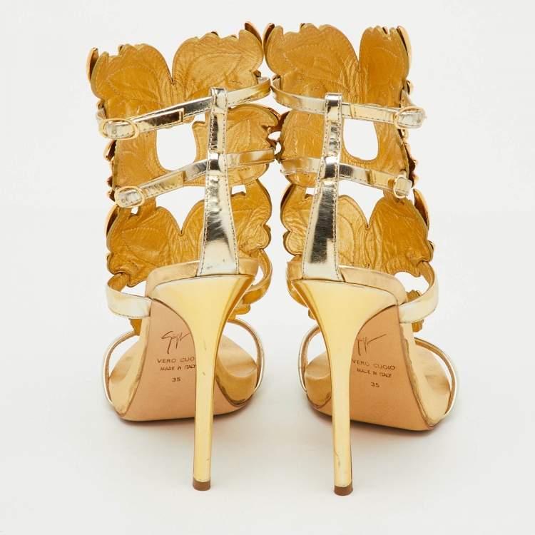 Pre Owned Giuseppe Zanotti Gold Metalic Leather Cruel Ankle Strap Sandals Size 35