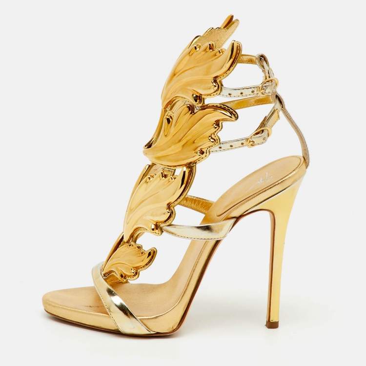 Pre Owned Giuseppe Zanotti Gold Metalic Leather Cruel Ankle Strap Sandals Size 35
