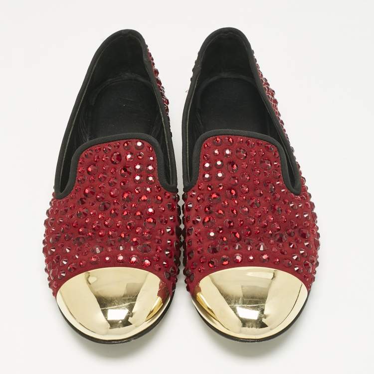 Pre Owned Giuseppe Zanotti Burgundy Suede Cap Toe Crystals Embellished Smoking Slippers Size 39.5