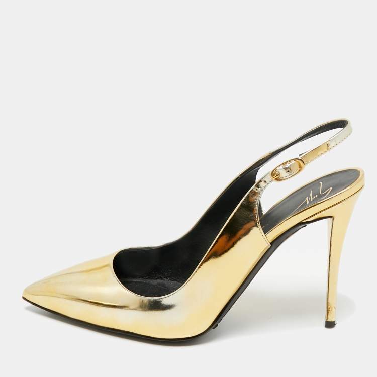 Pre Owned Giuseppe Zanotti Gold Patent Leather Slingback Pumps Size 37.5