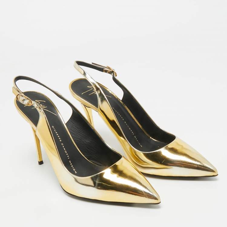 Pre Owned Giuseppe Zanotti Gold Patent Leather Slingback Pumps Size 37.5