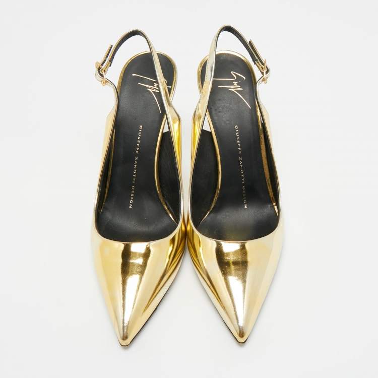 Pre Owned Giuseppe Zanotti Gold Patent Leather Slingback Pumps Size 37.5