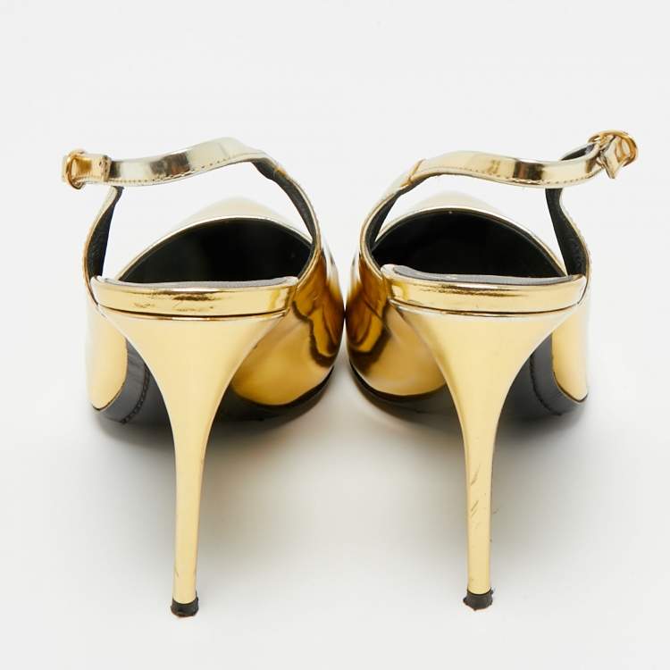 Pre Owned Giuseppe Zanotti Gold Patent Leather Slingback Pumps Size 37.5