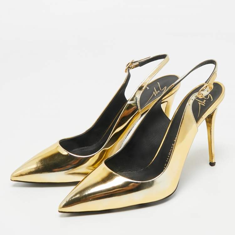 Pre Owned Giuseppe Zanotti Gold Patent Leather Slingback Pumps Size 37.5
