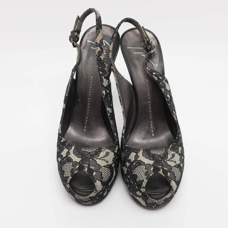 Pre Owned Giuseppe Zanotti Black/Beige Lace Slingback Platform Pumps Size 36.5