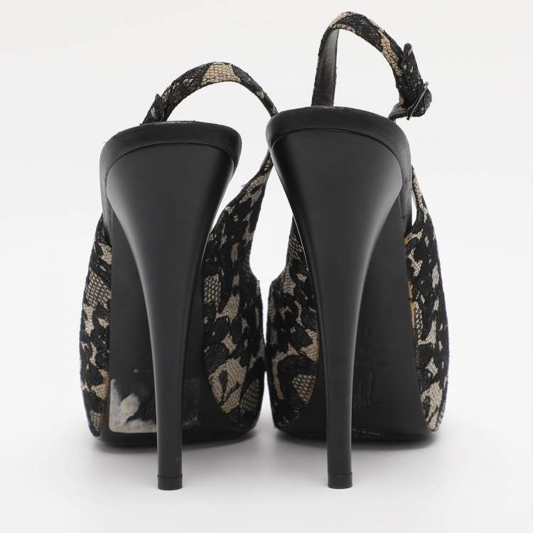 Pre Owned Giuseppe Zanotti Black/Beige Lace Slingback Platform Pumps Size 36.5
