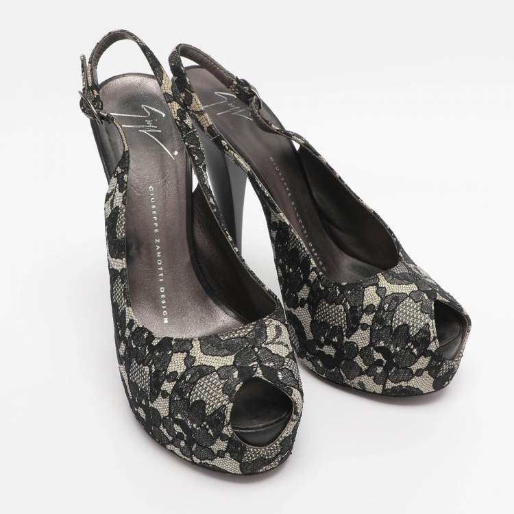 Pre Owned Giuseppe Zanotti Black/Beige Lace Slingback Platform Pumps Size 36.5