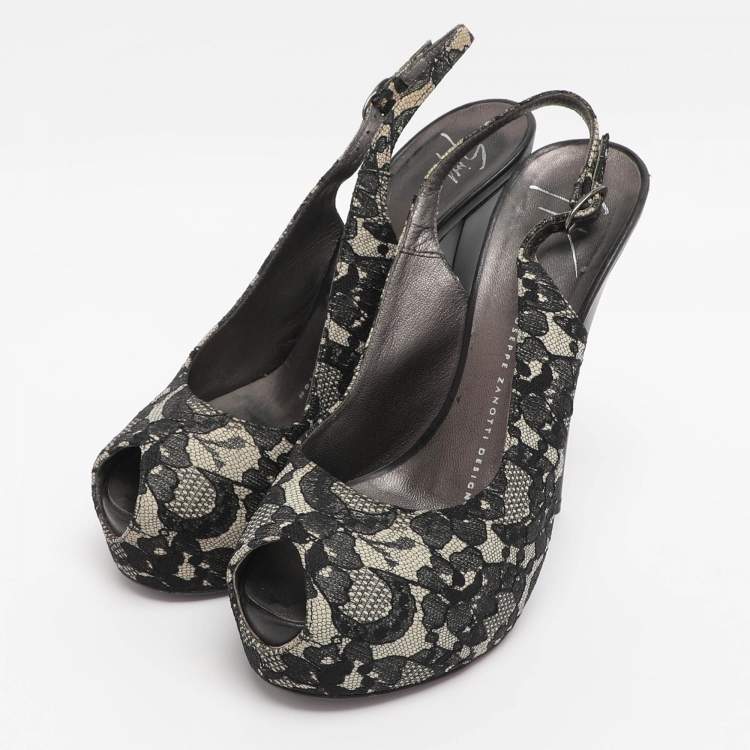 Pre Owned Giuseppe Zanotti Black/Beige Lace Slingback Platform Pumps Size 36.5