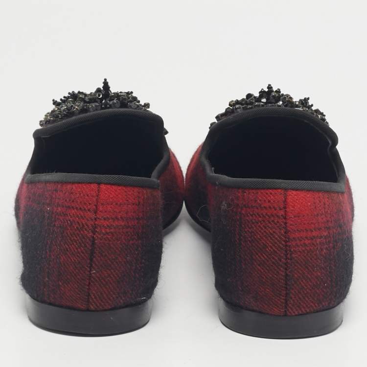 Pre Owned Giuseppe Zanotti Black/Red Fabric Leather Crystal Embellished Loafers Size 38