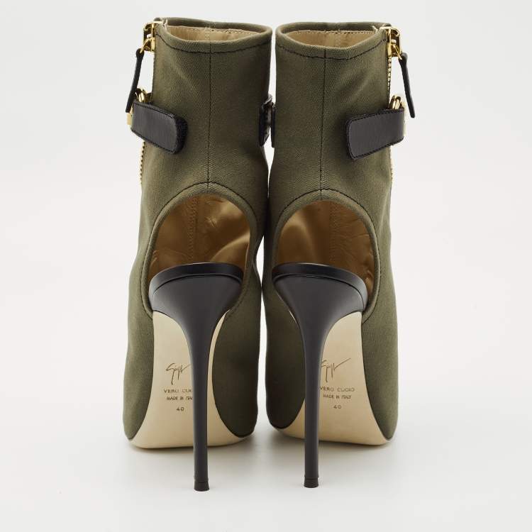 Pre Owned Giuseppe Zanotti Green  Canvas and Leather Roxie Peep Toe Cut Out Ankle Boots  Size 40