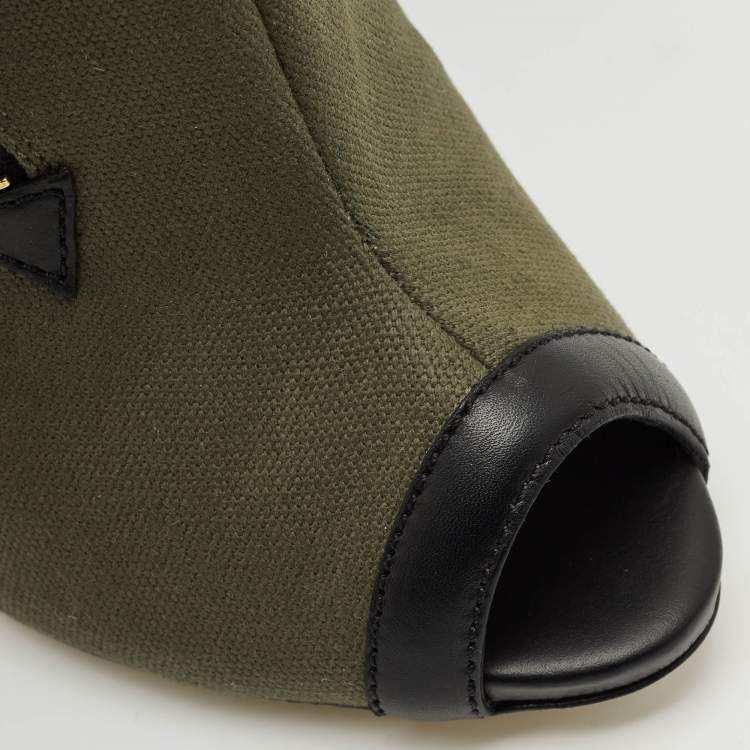 Pre Owned Giuseppe Zanotti Green  Canvas and Leather Roxie Peep Toe Cut Out Ankle Boots  Size 40