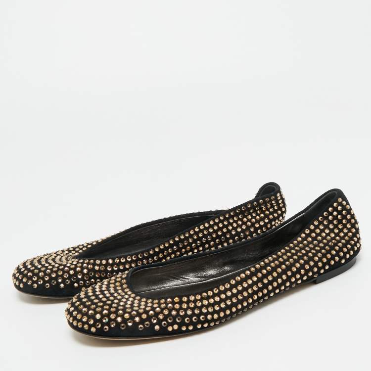 Pre Owned Giuseppe Zanotti Black Suede Crystal Embellished Ballet Flats Size 38