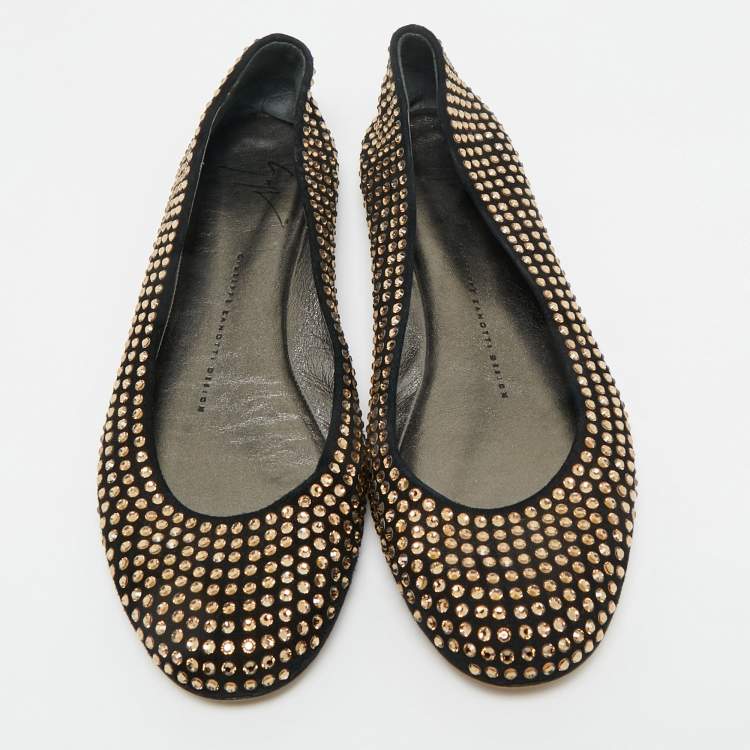 Pre Owned Giuseppe Zanotti Black Suede Crystal Embellished Ballet Flats Size 38