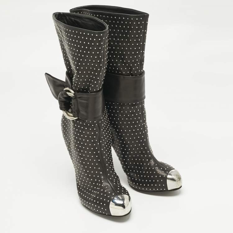Pre Owned Giuseppe Zanotti Black Leather Studded Ankle Boots Size 39.5