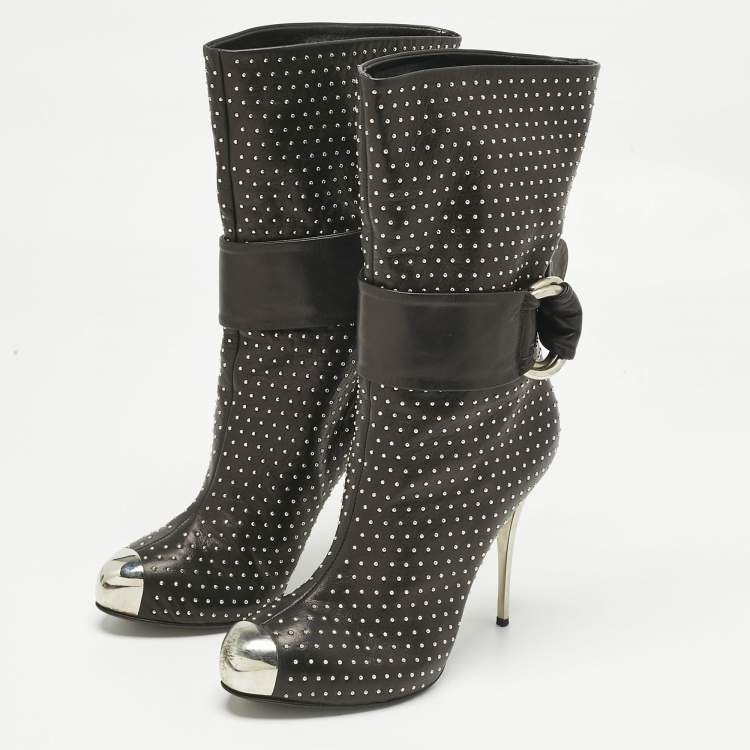 Pre Owned Giuseppe Zanotti Black Leather Studded Ankle Boots Size 39.5