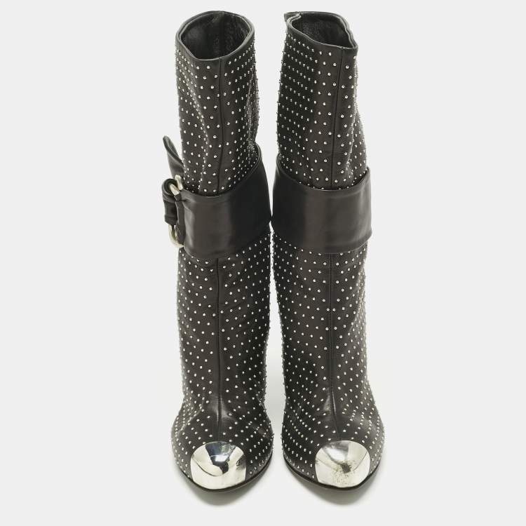 Pre Owned Giuseppe Zanotti Black Leather Studded Ankle Boots Size 39.5