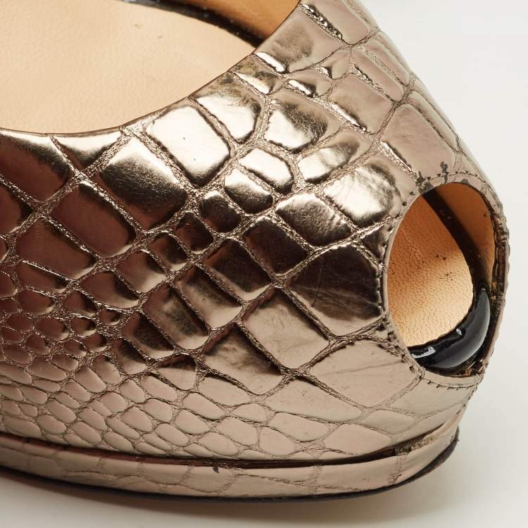 Pre Owned Giuseppe Zanotti Gold Croc Embossed Leather Peep Toe Platform Pumps Size 39