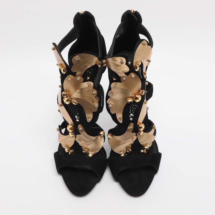 Pre Owned Giuseppe Zanotti Black/Gold Crystal Embellished Suede and Vinyl Strappy Sandals Size 41