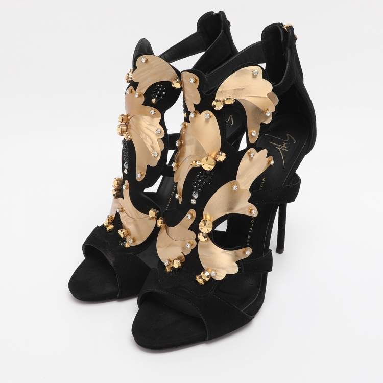 Pre Owned Giuseppe Zanotti Black/Gold Crystal Embellished Suede and Vinyl Strappy Sandals Size 41