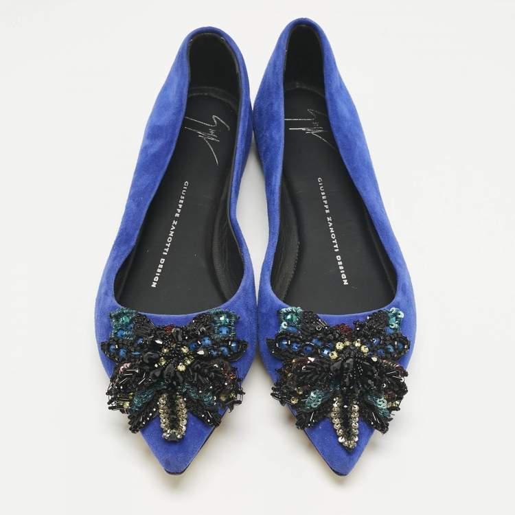 Pre Owned Giuseppe Zanotti Blue Suede Crystal Embellished Ballet Flats Size 36