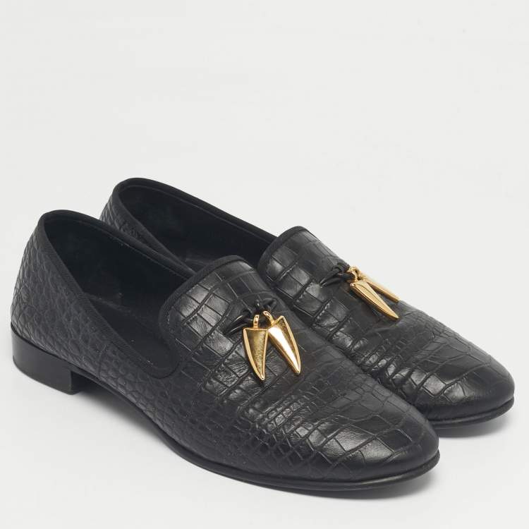 Pre Owned Giuseppe Zanotti Black Croc Embossed Leather Shark Tooth Smoking Slippers Size 42
