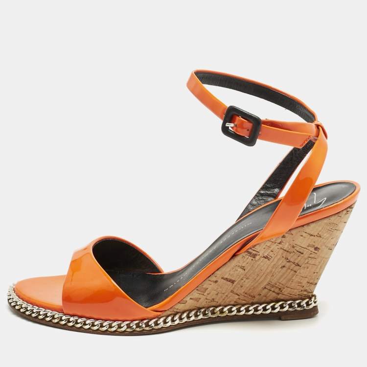 Pre Owned Giuseppe Zanotti Orange Patent Leather Ankle-Strap Chain Wedge Sandals Size 37 
