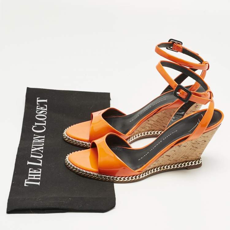 Pre Owned Giuseppe Zanotti Orange Patent Leather Ankle-Strap Chain Wedge Sandals Size 37 