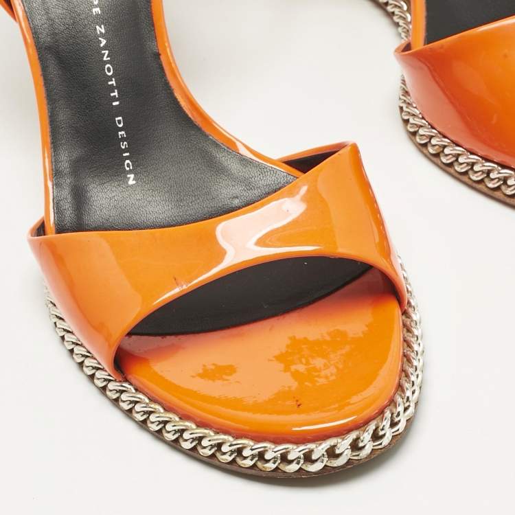 Pre Owned Giuseppe Zanotti Orange Patent Leather Ankle-Strap Chain Wedge Sandals Size 37 