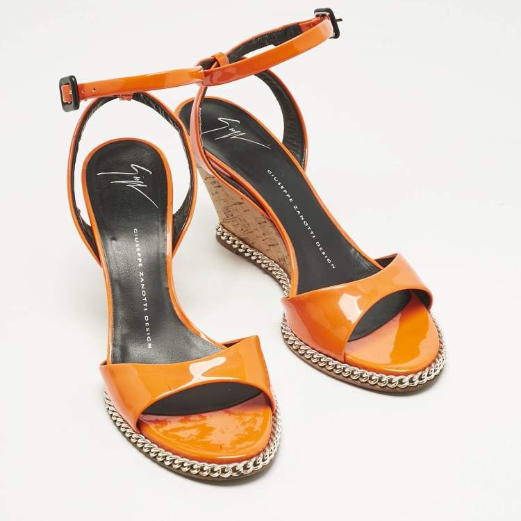 Pre Owned Giuseppe Zanotti Orange Patent Leather Ankle-Strap Chain Wedge Sandals Size 37 