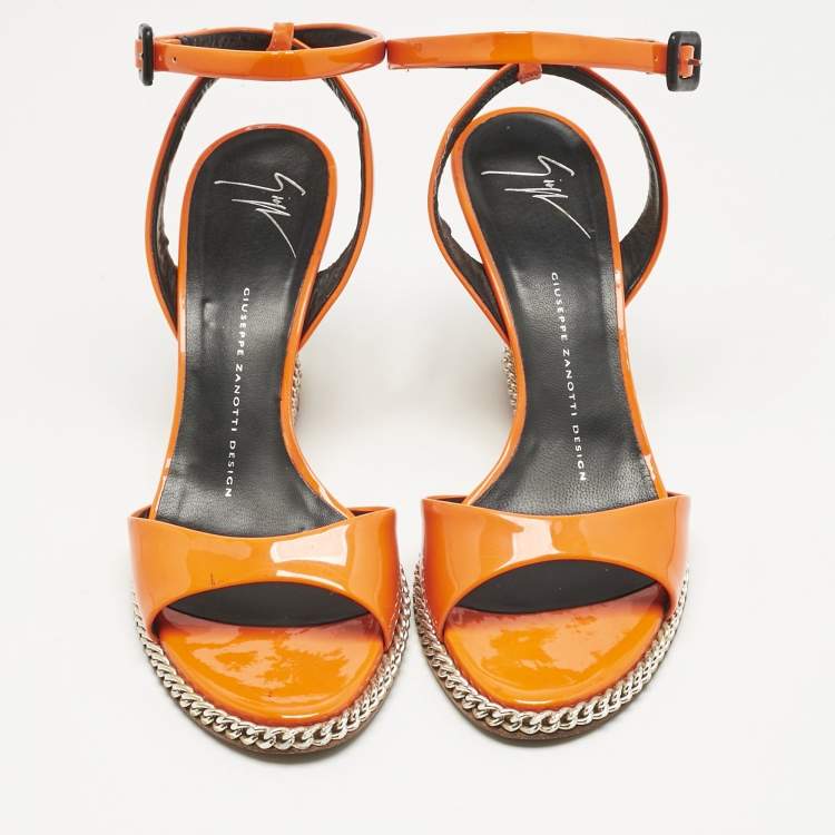 Pre Owned Giuseppe Zanotti Orange Patent Leather Ankle-Strap Chain Wedge Sandals Size 37 