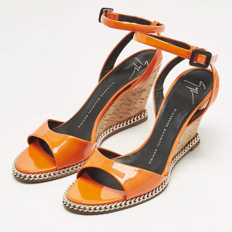 Pre Owned Giuseppe Zanotti Orange Patent Leather Ankle-Strap Chain Wedge Sandals Size 37 
