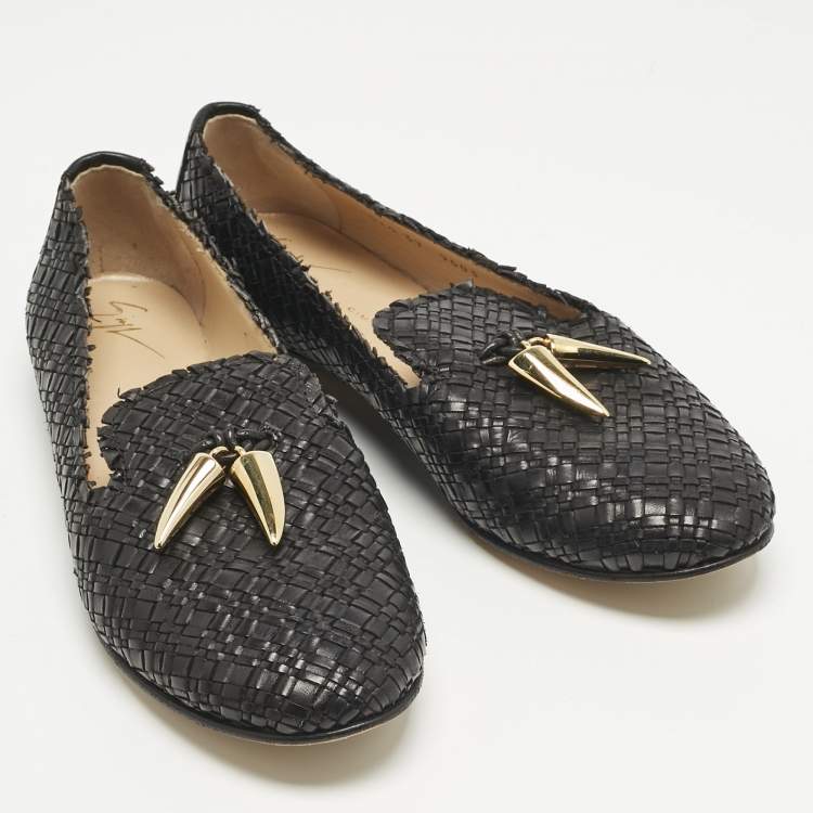 Pre Owned Giuseppe Zanotti Black Woven Leather Shark Tooth Embellish Smoking Slippers Size 37