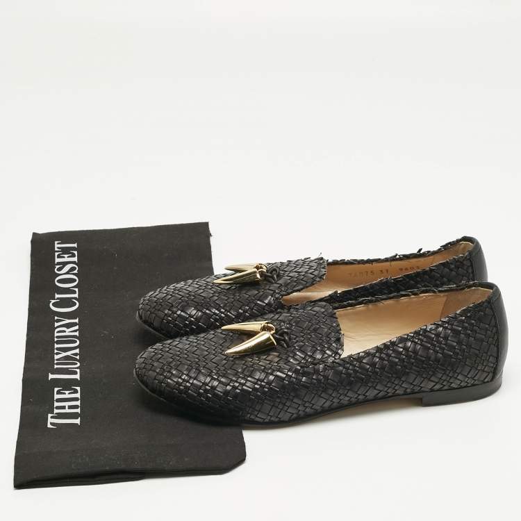 Pre Owned Giuseppe Zanotti Black Woven Leather Shark Tooth Embellish Smoking Slippers Size 37