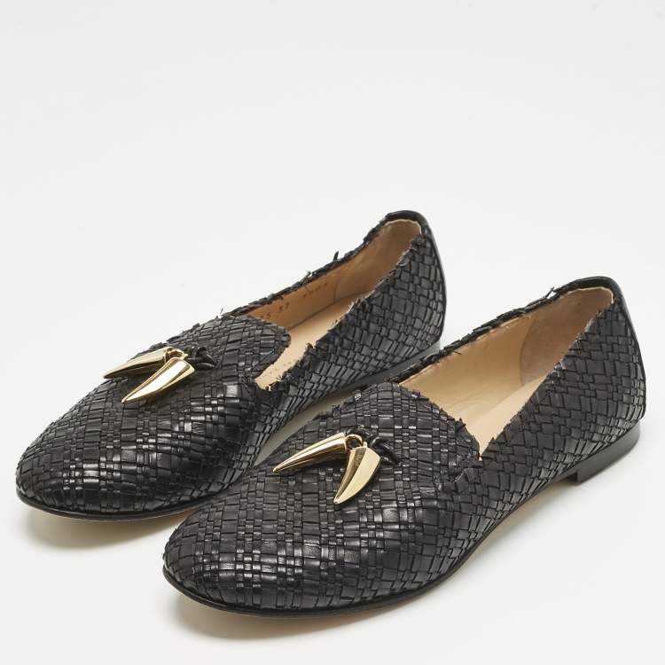 Pre Owned Giuseppe Zanotti Black Woven Leather Shark Tooth Embellish Smoking Slippers Size 37