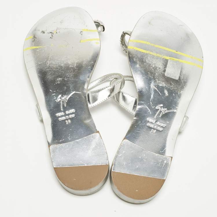 Pre Owned Giuseppe Zanotti Silver Leather Crystal Embellished Toe Ring Flat Sandals Size 38