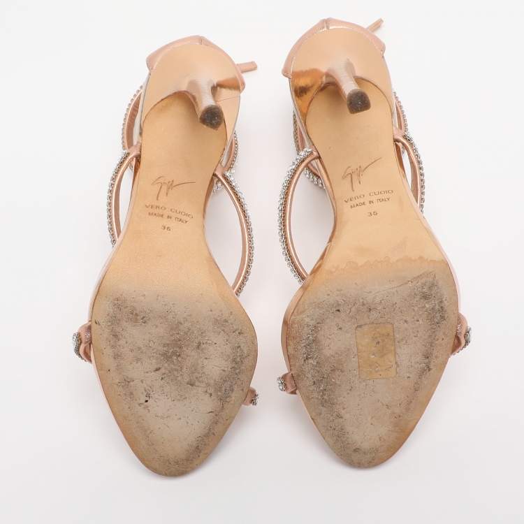 Pre Owned Giuseppe Zanotti Metallic Rose Gold Foil Leather Harmony  Ankle Cuff Sandals Size 36